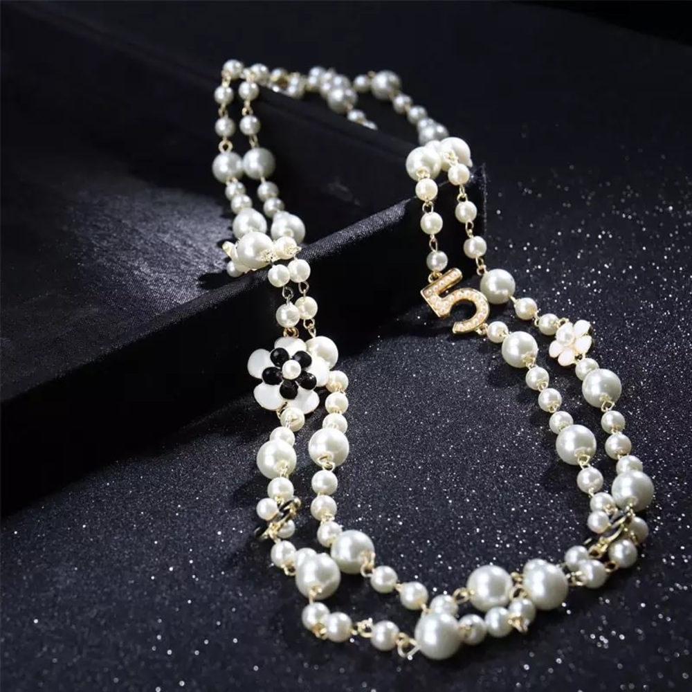 New Pearl Camellia Number5 Flower Double Long Necklace - Picture 9 of 17